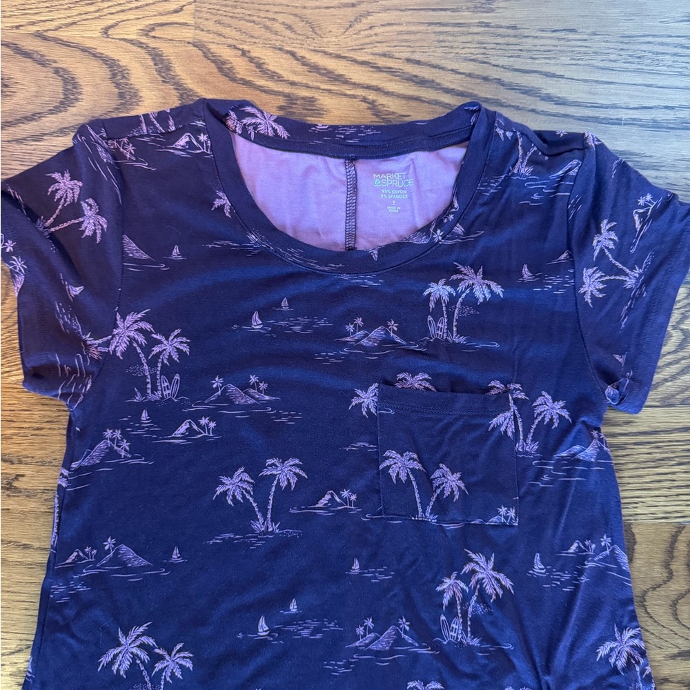 Market & Spruce Navy Palm Print Short Sleeve Tee